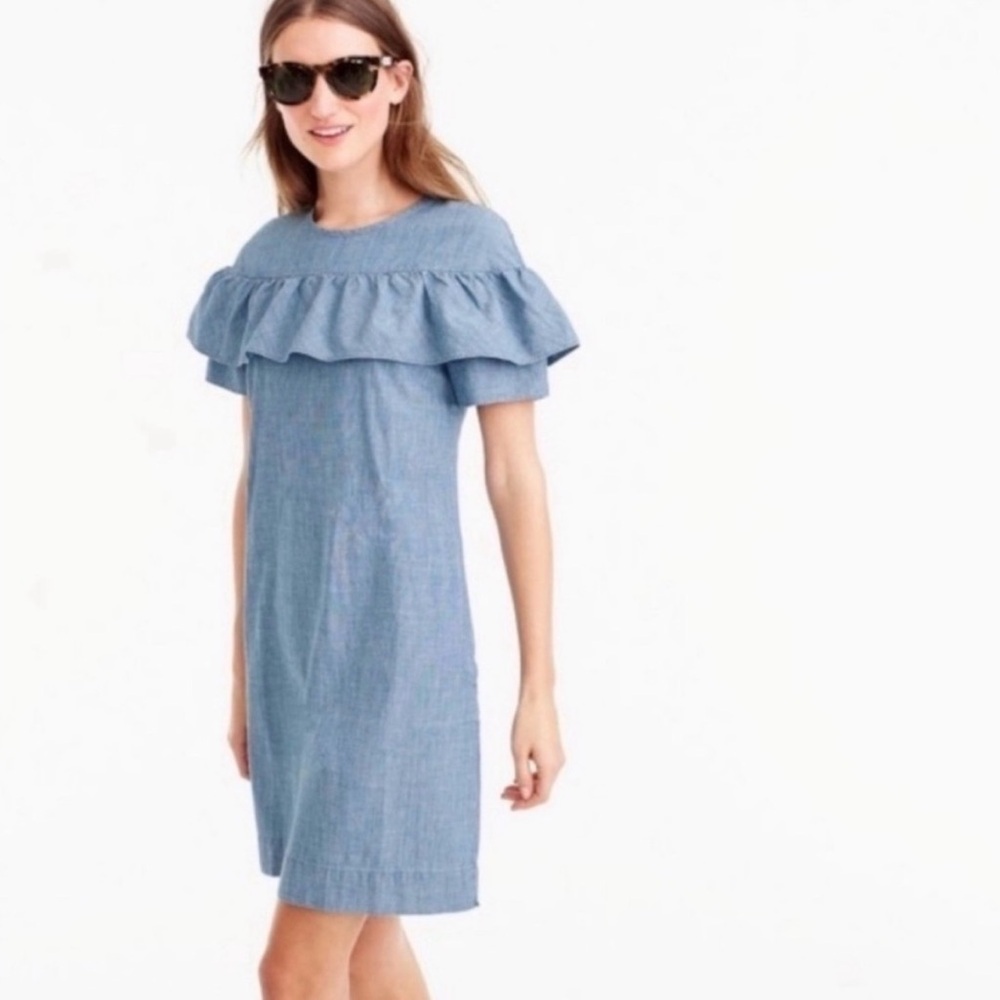 J CREW CHAMBRAY RUFFLE DENIM DRESS SIZE 4 - Picture 2 of 11